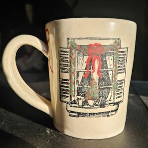 Festive White Mug with Holiday Window Design